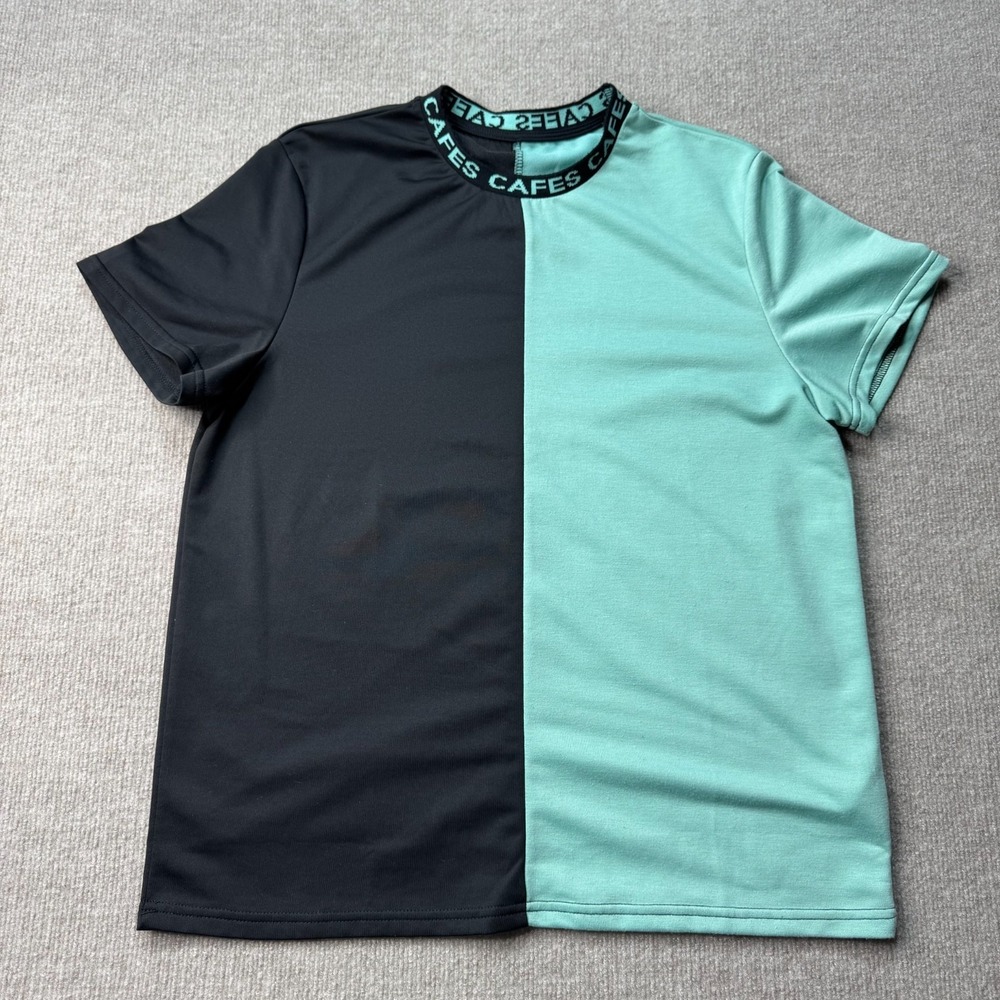 SHEIN Mens Large Colorblock T Shirt Black Mint Green Short Sleeve Crewneck